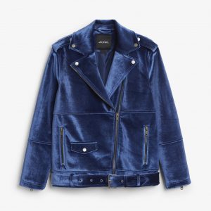 Une veste coupée style perfecto Monki en velours de couleur bleue
