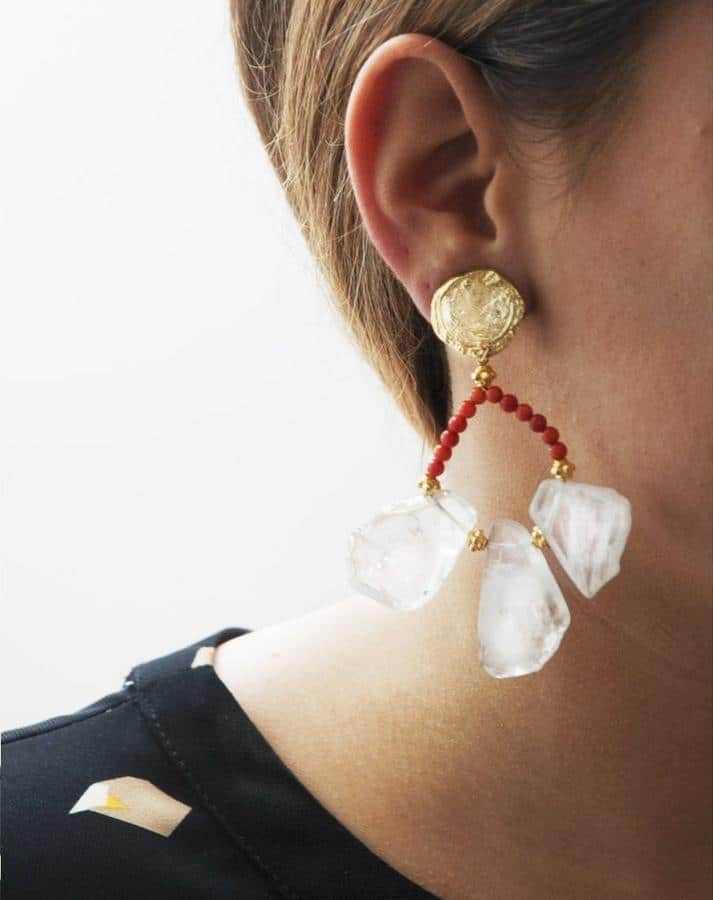 Boucles d’oreilles XXL, tendance extravertis en rouge corail, paillettes et pompons infinis)